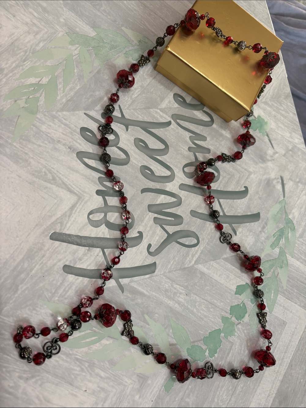 Gorgeous Red Crystal Faceted Bead Long Station Necklace Gunmetal Filigree